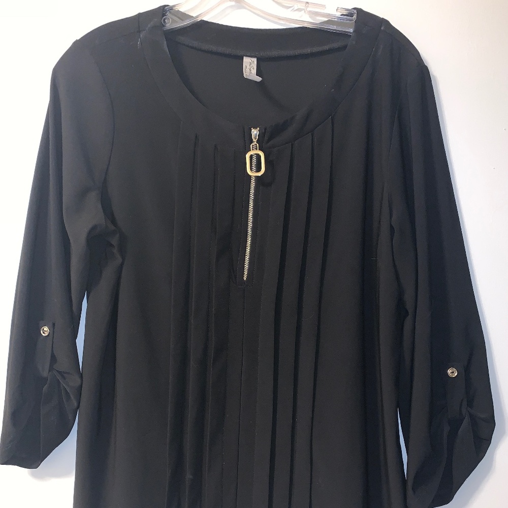 Per Seption Dressy Black Blouse Lg Gold Zipper 3/4 Sleeves, L